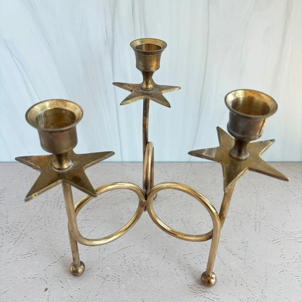 Vintage Brass Star Candelabra Pair Celestial 3-Light Taper Candle Holders Set 2